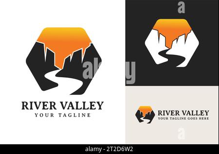 Illustration of Canyon Hexagonal High Cliffs and Flowing River Logo design Outdoor Adventure Stock Vector