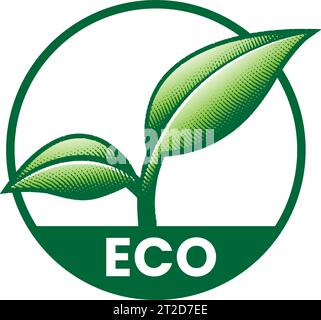 Eco Friendly Engraved Round Icon with 2 Green Leaves on a White Background Stock Vector