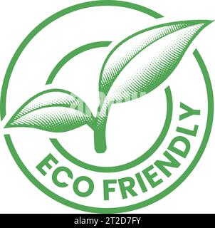 Eco Friendly Engraved Round Icon with 2 Leaves on a White Background Stock Vector