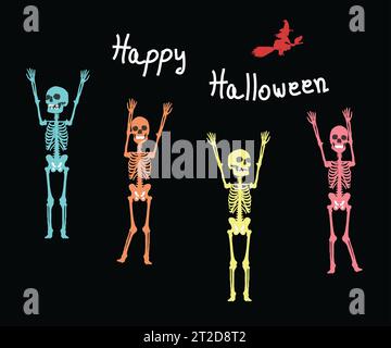 Halloween vector, halloween wallpaper, halloween background with colorful skeleton dancing on black background with happy halloween text and witch. Stock Vector