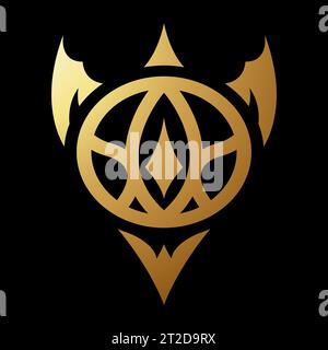 Gold Abstract Arrow Icon with Bat or Dragon Wings on a Black Background Stock Vector