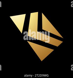 Gold Abstract Arrow Shaped Square Icon in Perspective on a Black Background Stock Vector