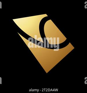 Gold Abstract Distorted Square Icon in Perspective on a Black Background Stock Vector