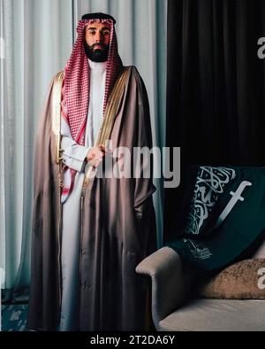 File photo - French football player Karim Benzema poses in Saudi traditional clothes : a ghutra or keffieh on his head, a white dishdasha or thobe, and a light brown bisht, as he celebrates with his club ‘Al-Ittihad’, the Saudi National Day (September 23), in Jeddah, Kingdom of Saudi Arabia, on September 23, 2023. Benzema is wearing traditional 2022 Ballon d’Or winner Karim Benzema finds himself mired in political controversy amid the ongoing Israel-Hamas war. Speaking to French outlet CNews on Monday, French Interior Minister Gérald Darmanin accused Benzema of having connections to the Muslim Stock Photo