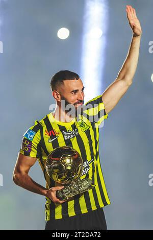 File photo - French football player Karim Benzema is presented to Al-Ittihad fans at King Abdullah Sports City stadium in Jeddah, Kingdom of Saudi Arabia, on June 8, 2023. 2022 Ballon d’Or winner Karim Benzema finds himself mired in political controversy amid the ongoing Israel-Hamas war. Speaking to French outlet CNews on Monday, French Interior Minister Gérald Darmanin accused Benzema of having connections to the Muslim Brotherhood, a religious and political group which France considers a terrorist organization. In the televised interview, Darmanin said: “We have closed 1,100 Islamist establ Stock Photo