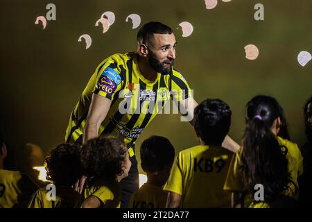 File photo - French football player Karim Benzema is presented to Al-Ittihad fans at King Abdullah Sports City stadium in Jeddah, Kingdom of Saudi Arabia, on June 8, 2023. 2022 Ballon d’Or winner Karim Benzema finds himself mired in political controversy amid the ongoing Israel-Hamas war. Speaking to French outlet CNews on Monday, French Interior Minister Gérald Darmanin accused Benzema of having connections to the Muslim Brotherhood, a religious and political group which France considers a terrorist organization. In the televised interview, Darmanin said: “We have closed 1,100 Islamist establ Stock Photo