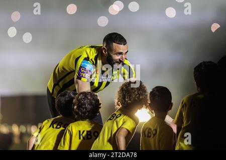 File photo - French football player Karim Benzema is presented to Al-Ittihad fans at King Abdullah Sports City stadium in Jeddah, Kingdom of Saudi Arabia, on June 8, 2023. 2022 Ballon d’Or winner Karim Benzema finds himself mired in political controversy amid the ongoing Israel-Hamas war. Speaking to French outlet CNews on Monday, French Interior Minister Gérald Darmanin accused Benzema of having connections to the Muslim Brotherhood, a religious and political group which France considers a terrorist organization. In the televised interview, Darmanin said: “We have closed 1,100 Islamist establ Stock Photo