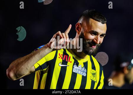 File photo - French football player Karim Benzema is presented to Al-Ittihad fans at King Abdullah Sports City stadium in Jeddah, Kingdom of Saudi Arabia, on June 8, 2023. 2022 Ballon d’Or winner Karim Benzema finds himself mired in political controversy amid the ongoing Israel-Hamas war. Speaking to French outlet CNews on Monday, French Interior Minister Gérald Darmanin accused Benzema of having connections to the Muslim Brotherhood, a religious and political group which France considers a terrorist organization. In the televised interview, Darmanin said: “We have closed 1,100 Islamist establ Stock Photo