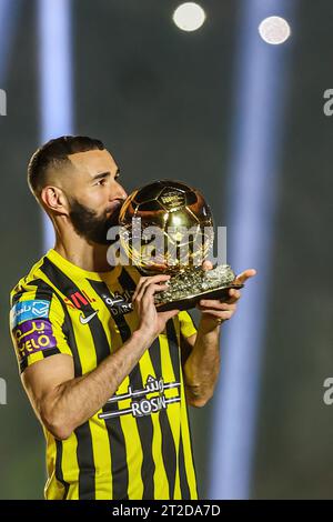 File photo - French football player Karim Benzema is presented to Al-Ittihad fans at King Abdullah Sports City stadium in Jeddah, Kingdom of Saudi Arabia, on June 8, 2023. 2022 Ballon d’Or winner Karim Benzema finds himself mired in political controversy amid the ongoing Israel-Hamas war. Speaking to French outlet CNews on Monday, French Interior Minister Gérald Darmanin accused Benzema of having connections to the Muslim Brotherhood, a religious and political group which France considers a terrorist organization. In the televised interview, Darmanin said: “We have closed 1,100 Islamist establ Stock Photo