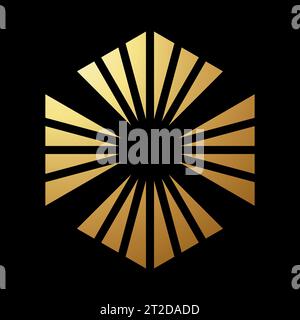 Gold Abstract Hexagon Shaped Cross Icon with Triangular Stripes on a Black Background Stock Vector