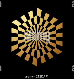 Gold Abstract Hexagon Shaped Optical Illusion Icon on a Black Background Stock Vector