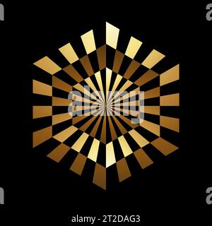 Gold Abstract Hexagon Shaped Optical Illusion Icon on a Black Background Stock Vector
