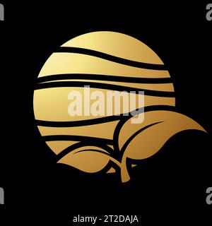 Gold Abstract Icon of Leaves Over a Striped Circle on a Black Background Stock Vector