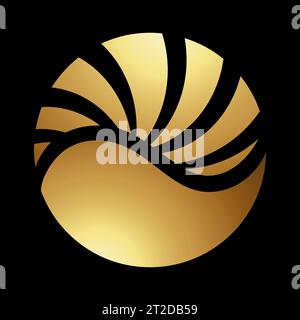 Gold Abstract Round Icon with Striped Waves on a Black Background Stock Vector