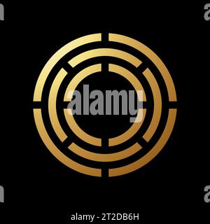 Gold Abstract Round Maze Shaped Icon on a Black Background Stock Vector