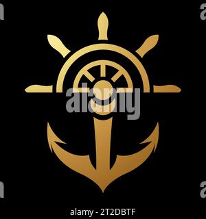 Gold Abstract Simplistic Anchor and Wheel Icon on a Black Background Stock Vector