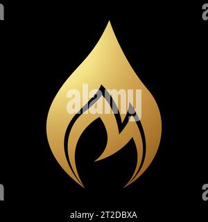 Gold Abstract Simplistic Fire Flame Icon on a Black Background Stock Vector