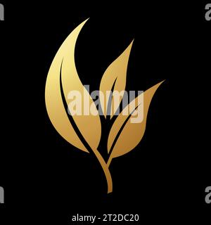 Gold Abstract Simplistic Leaves Branch Icon on a Black Background Stock Vector
