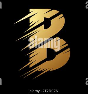 Gold Abstract Slashed Split Shaped Letter B Icon on a Black Background Stock Vector