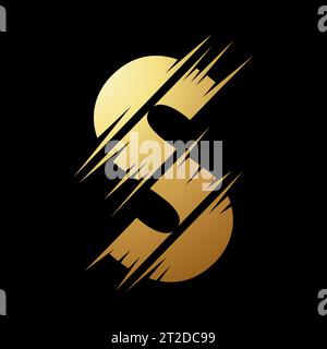 Gold Abstract Slashed Split Shaped Letter S Icon on a Black Background Stock Vector