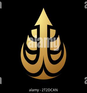 Gold Abstract Spiky Water Drop Icon with an Arrow on a Black Background Stock Vector
