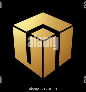 Gold Abstract Split Cube Icon on a Black Background Stock Vector