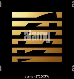 Gold Abstract Square Leaf Icon with Horizontal Stripes on a Black Background Stock Vector