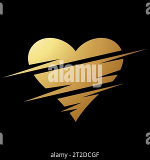 Gold Abstract Split Shaped Slashed Heart Icon on a Black Background Stock Vector