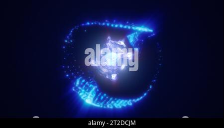 Abstract sphere atom with electrons flying glowing bright particles and ...