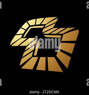 Gold Abstract Striped Nested Squares Icon in Perspective on a Black Background Stock Vector