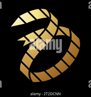 Gold Abstract Striped Snake-Like Arrow Shaped Icon on a Black Background Stock Vector