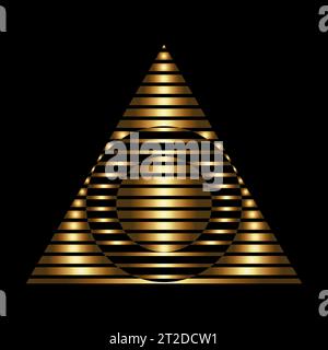 Gold Abstract Striped Triangle Shaped Icon with Circles on a Black Background Stock Vector