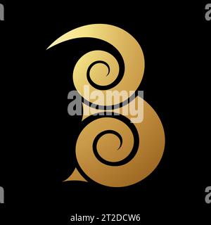 Gold Abstract Swirly and Spiky Letter B Icon on a Black Background Stock Vector