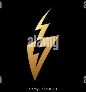 Gold Abstract Thunder Icon with a Triangle on a Black Background Stock Vector