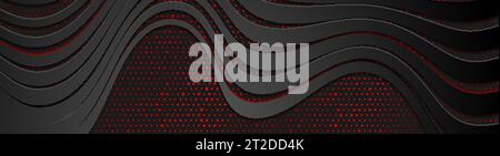 Black curved refracted waves and red dots abstract banner design. Futuristic vector background Stock Vector