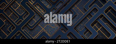 Dark blue papercut grid and golden shiny glitter dots abstract background. Geometric vector banner design Stock Vector
