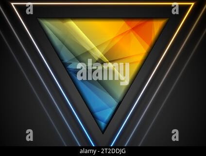 Bright low poly tech background with glowing neon triangles. Vector geometric design Stock Vector