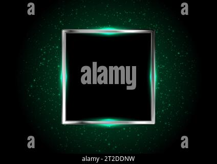 Metallic square framework with green neon lights. Glowing bokeh vector background Stock Vector