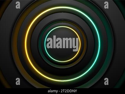 Technology abstract background with black circles and yellow turquoise neon shiny rings. Vector geometrical design Stock Vector