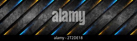 Abstract black grunge stripes with blue orange neon glowing light. Vector technology banner design Stock Vector