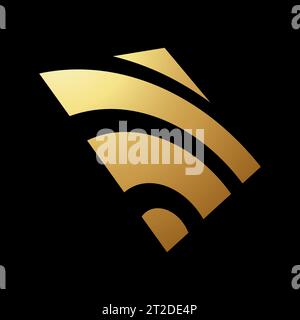 Gold Abstract Wifi Shaped Square Icon in Perspective on a Black Background Stock Vector