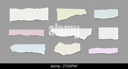 Set of torn notebook paper pieces isolated on transparent background. Vector realistic illustration of blank ripped diary sheet with uneven edges, memo strips with grid, stripe, dot design, garbage Stock Vector