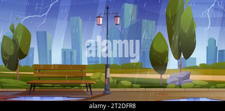Rainy park with gloomy cityscape background. Vector cartoon illustration of public garden landscape with bench, lantern and trees, water puddle on alley, lightning in sky above modern urban buildings Stock Vector