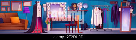 Backstage theater room with table and mirror for makeup, changeable costumes and wigs, place for actors to rest and prepare. Cartoon vector of dressing area with wardrobe, racks and cosmetics. Stock Vector