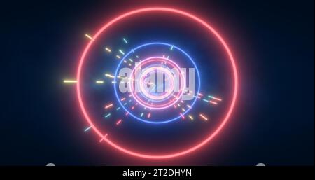 Abstract multi-colored energy futuristic hi-tech tunnel of flying circles and lines neon magic glowing background. Stock Photo