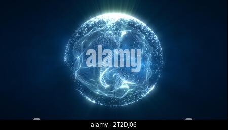 Abstract blue energy sphere from particles and waves of magical glowing on a dark background. Stock Photo
