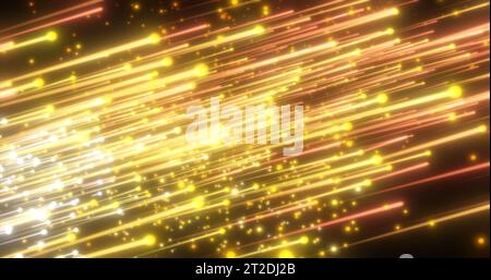 Abstract yellow flying diagonal luminous lines meteorites of energy and light from magical energy dots particles on a black background. Abstract backg Stock Photo