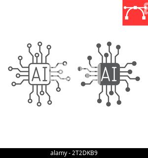 AI chip line and glyph icon, technology and artificial intelligence, embedded device vector icon, vector graphics, editable stroke outline sign, eps 1 Stock Vector