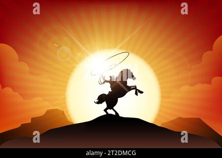 Cowboy with lasso riding on a Horse in American Wild West Desert vector illustration Stock Vector