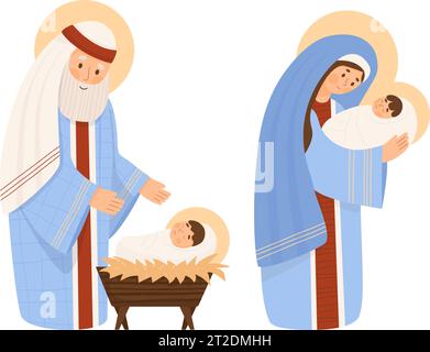 Christmas religious characters. Holy Family. Virgin Mary, Saint Joseph and baby Jesus in manger. Birth of Savior Christ. Vector isolate illustration i Stock Vector